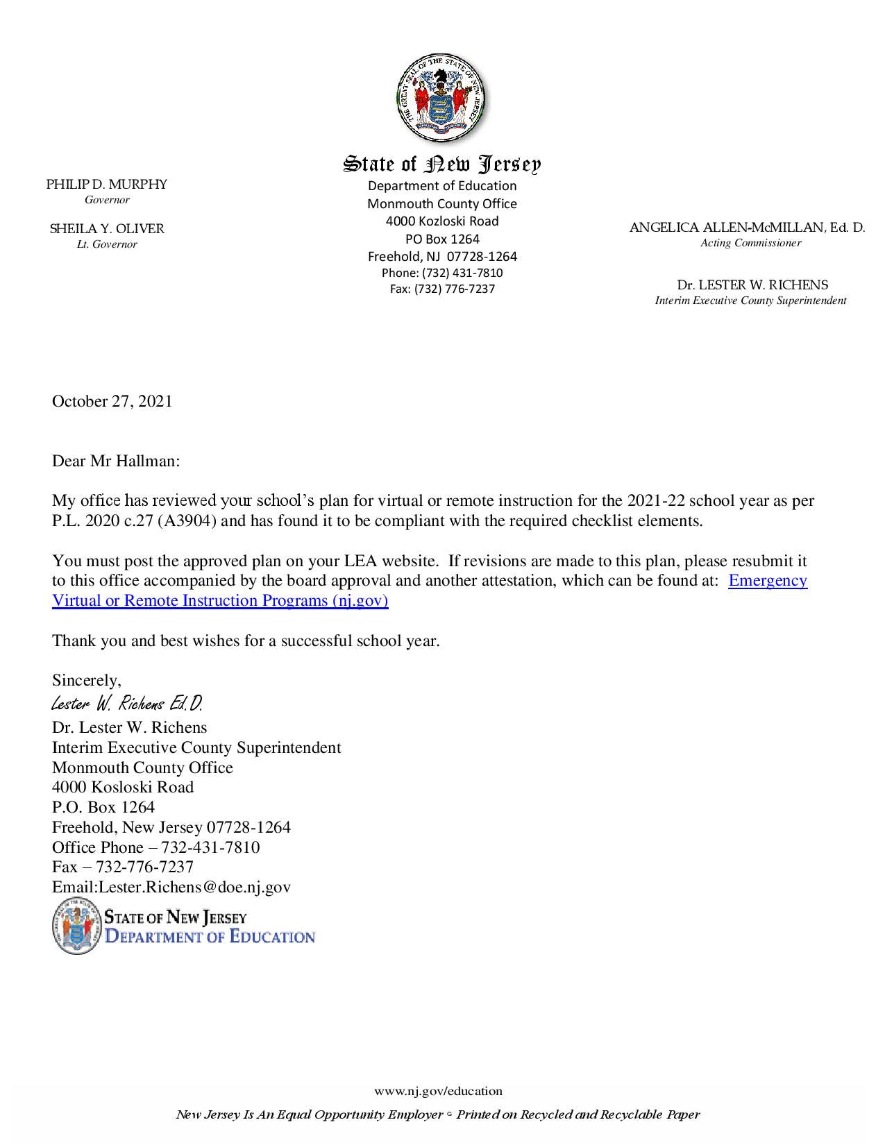 Remote Instructional Plan Approval Letter Belmar School District